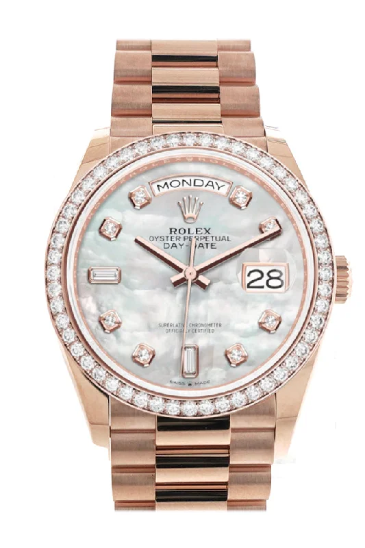 Rolex Day-Date 36 Mother of Pearl Diamond Dial Diamond Bezel 18K Everose Gold President Watch 128345RBR