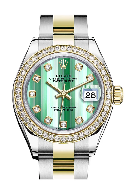 Rolex Datejust 28 Mint Green set with diamonds Dial Diamond Bezel Yellow Gold Ladies Watch 279383RBR 279383