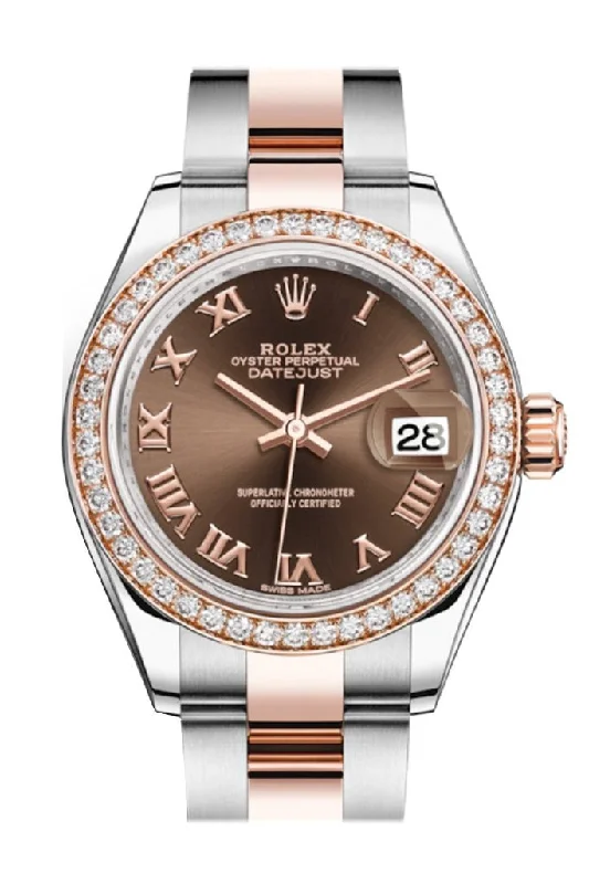 Rolex Datejust 28 Chocolate Roman Dial Diamond Bezel Rose Gold Two Tone Watch 279381RBR 279381