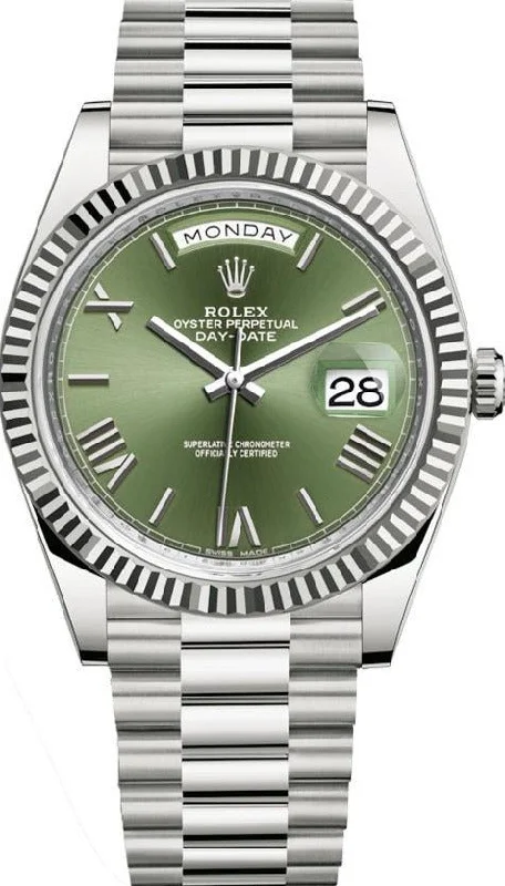 Rolex White Gold Day-Date 40 Watch - Fluted Bezel - Olive Green Bevelled Roman Dial - President Bracelet (Ref# 228239)