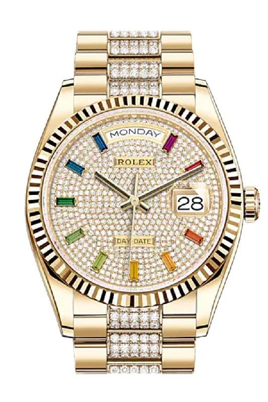 Rolex Day-Date 36 Diamond-Paved Dial 18K Yellow Gold Watch Diamond set president Bracelet 128238