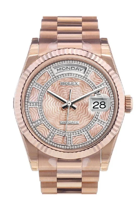 Rolex Day-Date 36 Carousel of pink mother-of-pearl Dial Fluted Bezel President Everose Gold Watch 118235