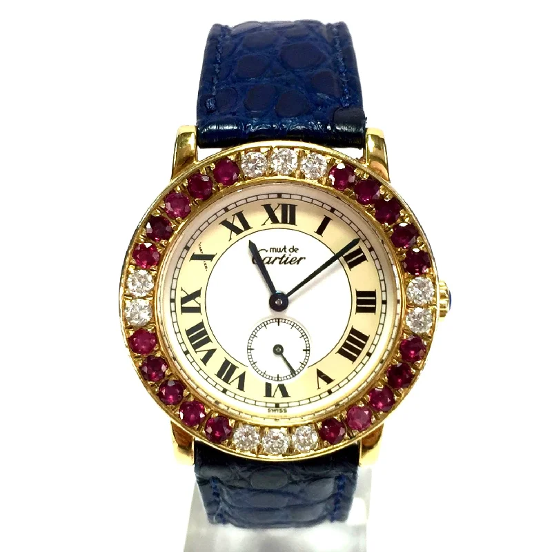 CARTIER RONDE 32mm Quartz GP Silver Diamonds & Red Rubies Watch