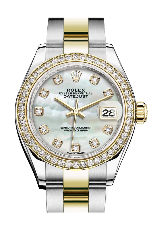 Rolex Datejust 28 White mother-of-pearl set with diamonds Dial Diamond Bezel Yellow Gold Ladies Watch 279383RBR 279383