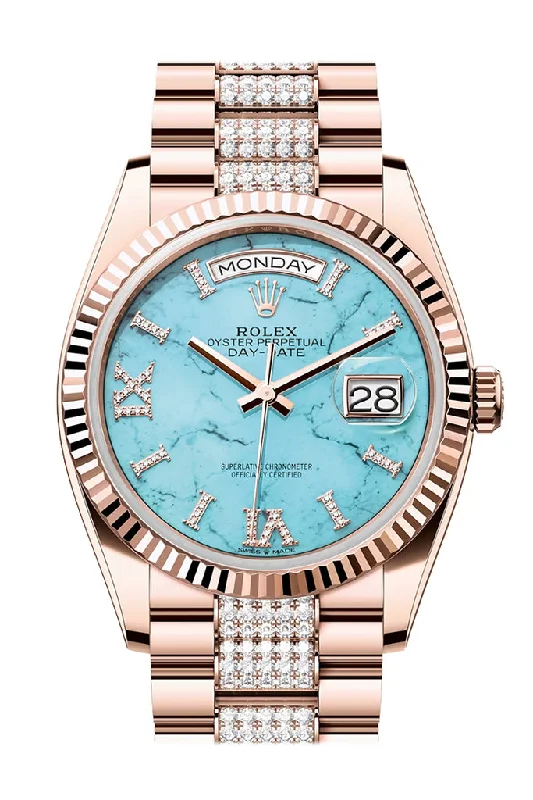 Rolex Day-Date 36 Turquoise Diamond Dial Fluted Bezel 18K Everose gold Diamond President Watch 128235