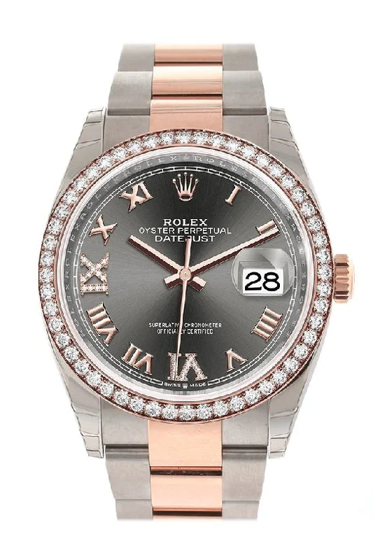 Rolex Datejust 36 Dark Rhodium Diamonds Dial Diamond Bezel Rose Gold Two Tone Watch 126281RBR 126281 NP