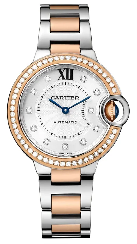 Cartier Ballon Bleu Automatic Stainless Steel & Rose Gold Silver-Tone Dial Diamonds Womens Watch WE902077