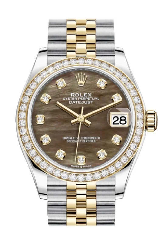 Rolex Datejust 31 Black mother-of-pearl Diamonds Dial Diamond Bezel Yellow Gold Two Tone Jubilee Watch 278383RBR 278383