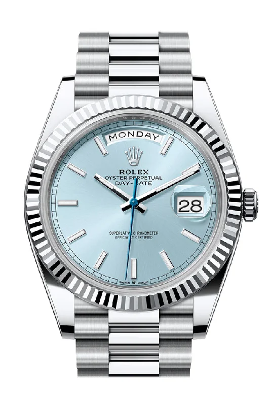 Rolex Day-Date 40 Ice-Blue Dial Dial Fluted Bezel Platinum President Men's Watch 228236