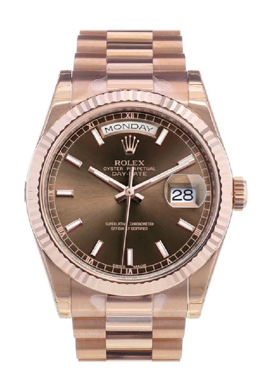 Rolex Day-Date 36 Chocolate Dial Fluted Bezel President Everose Gold Watch 118235