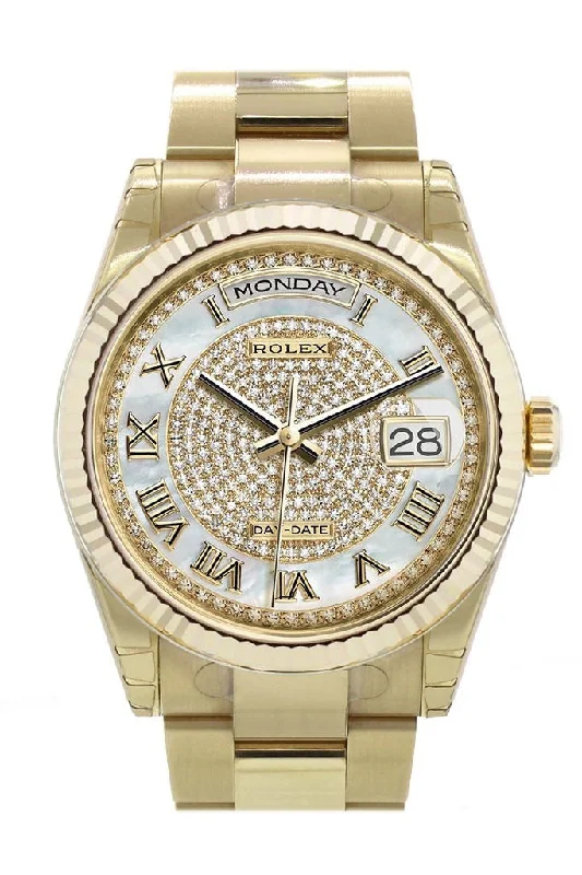 Rolex Day-Date 36 White mother-of-pearl, diamond paved Dial Fluted Bezel Yellow Gold Watch 118238