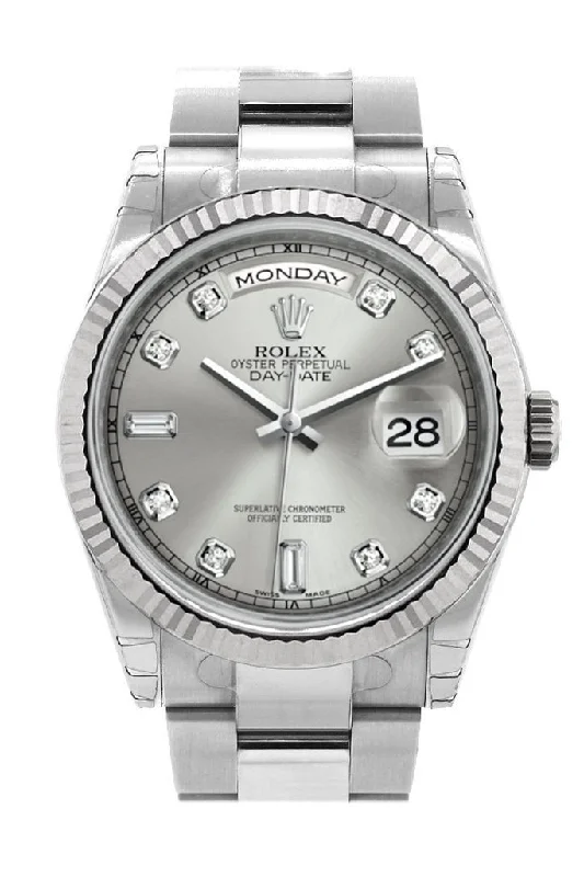 Rolex Day-Date 36 Silver set with Diamonds Dial Fluted Bezel Oyster White Gold Watch 118239