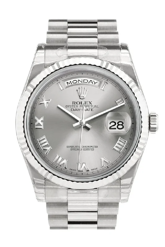 Rolex Day-Date 36 Rhodium Roman Dial Fluted Bezel President White Gold Watch 118239