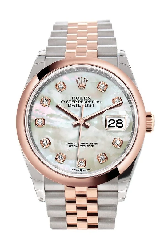 Rolex Datejust 36 White mother-of-pearl set with diamonds Dial Dome Rose Gold Two Tone JubileeWatch 126201 NP