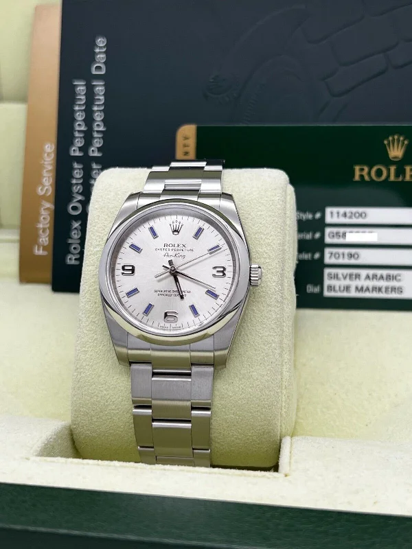 Rolex 114200 Air King Silver Arabic Blue Markers 34mm Stainless Steel Box Paper