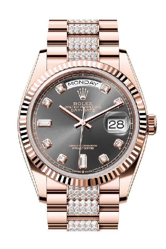 Rolex Day-Date 36 Slate Diamond Dial Fluted Bezel 18K Everose gold Diamond  President Watch 128235