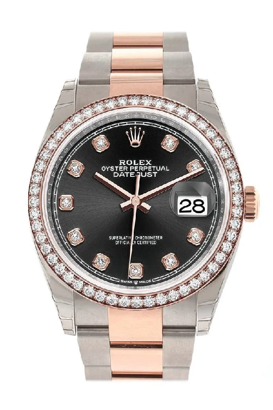 Rolex Datejust 36 Black Set with Diamonds Dial Diamond Bezel Rose Gold Two Tone Watch 126281RBR 126281 NP