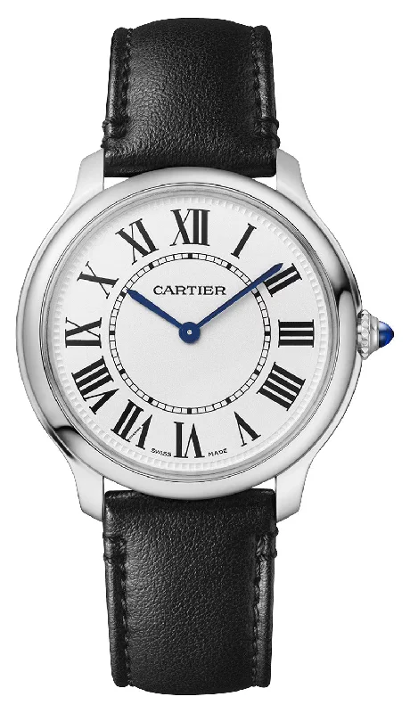 Cartier Ronde Must de Cartier Stainless Steel Silver Dial Black Leather Strap Quartz Unisex Watch WSRN0031