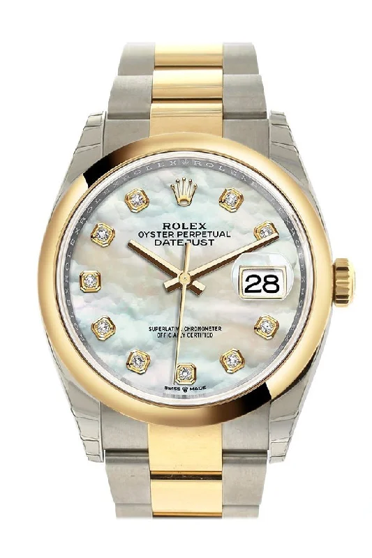 Rolex Datejust 36 White mother-of-pearl Diamonds Dial Dome Bezel Oyster Yellow Gold Two Tone Watch 126203 NP