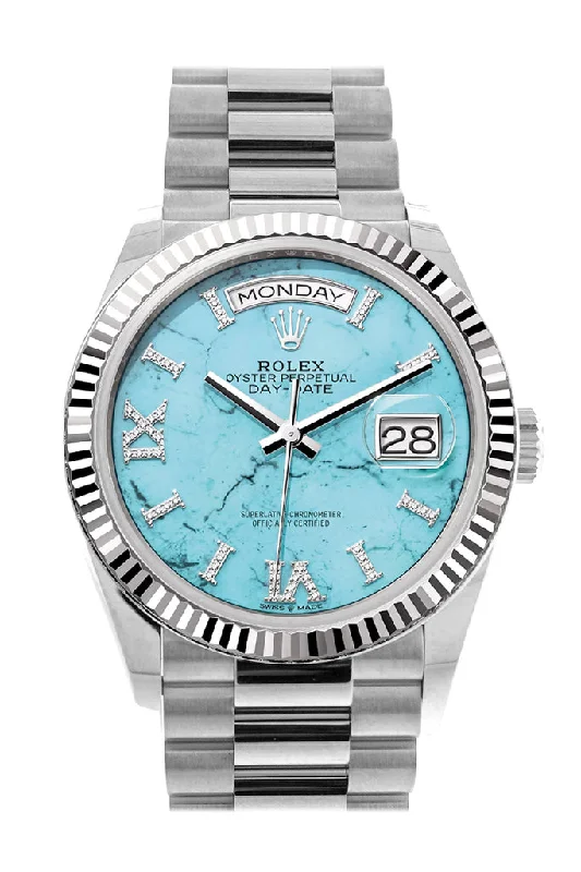 Rolex Day-Date 36 Turquoise Diamond Dial Fluted Bezel White gold President Watch 128239