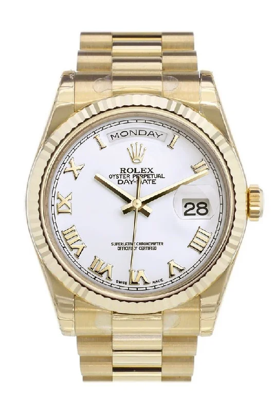 Rolex Day-Date 36 White Dial Fluted Bezel President Yellow Gold Watch 118238