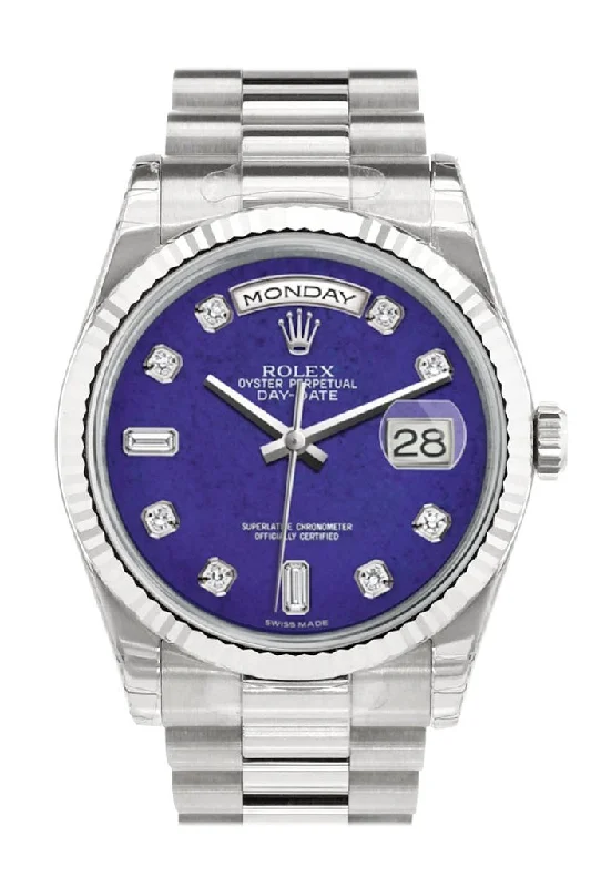 Rolex Day-Date 36 Lapis Lazuli set with Diamonds Dial Fluted Bezel President White Gold Watch 118239