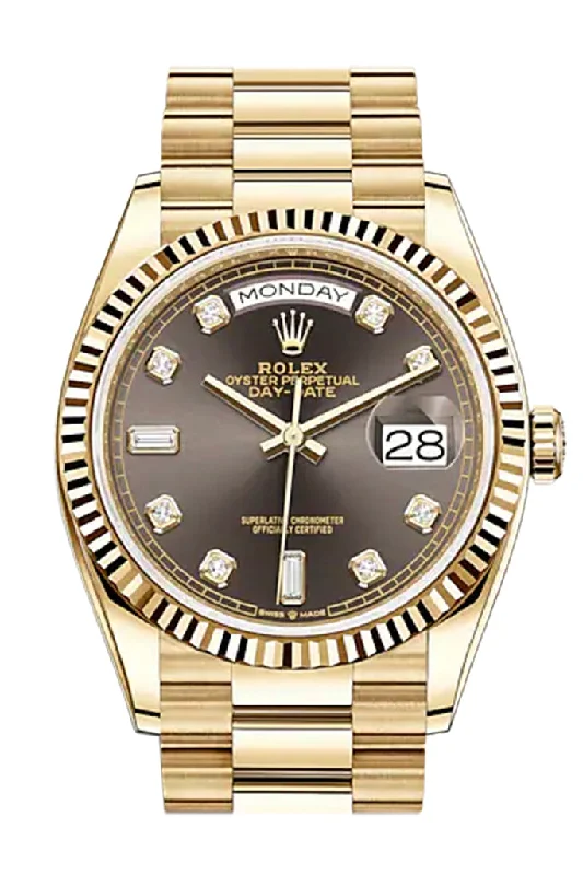 Rolex Day-Date 36 Dark Grey Diamond Dial 18K Yellow Gold Watch 128238