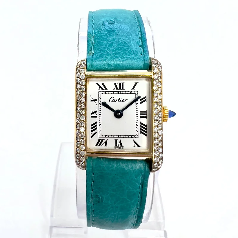 CARTIER TANK Manual Winding 21mm GP Silver Watch 0.5TCW Diamonds