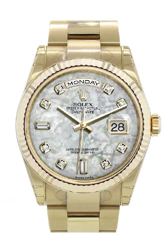 Rolex Day-Date 36 White mother of pearl set with diamonds Dial Fluted Bezel Yellow Gold Watch 118238