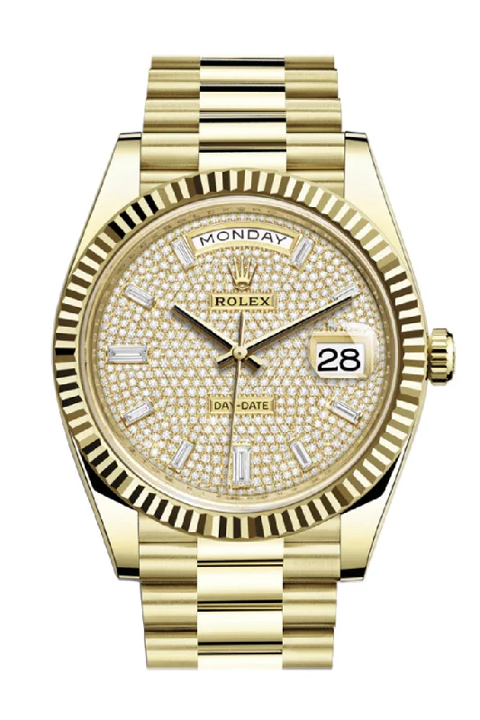 Rolex Day-Date 40 Diamond Paved 10 Baguette Diamond Dial 18K Yellow Gold President Men's Watch 228238