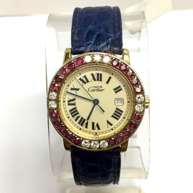 CARTIER RONDE 32mm Quartz GP Silver Diamonds & Red Rubies Watch