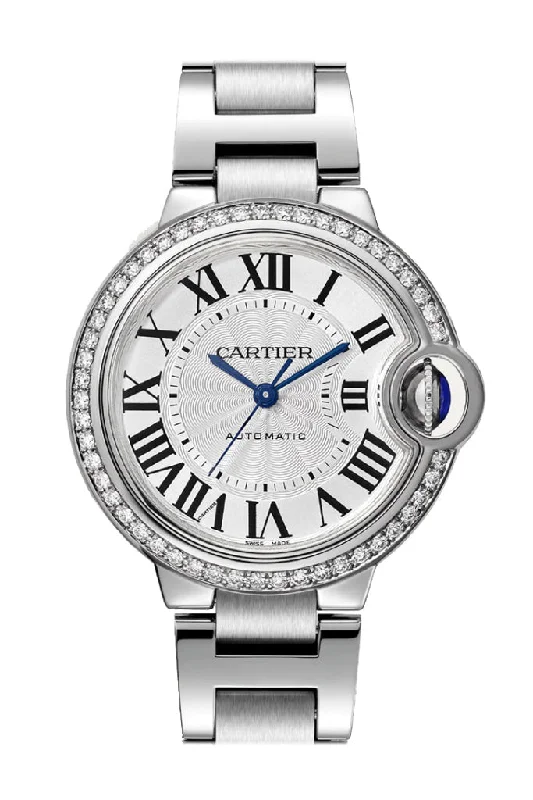 Cartier Ballon Bleu De Cartier 33mm Diamond Bezel Silver Dial W4BB0023