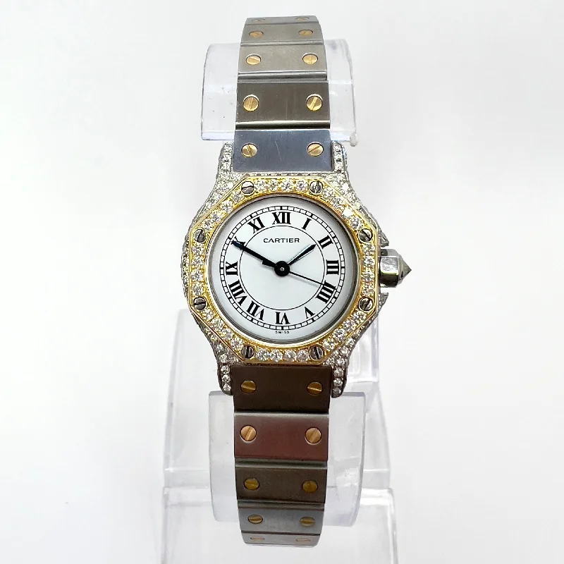 CARTIER SANTOS OCTAGON 25mm Automatic 2 Tone 1.5TCW DIAMOND Watch 