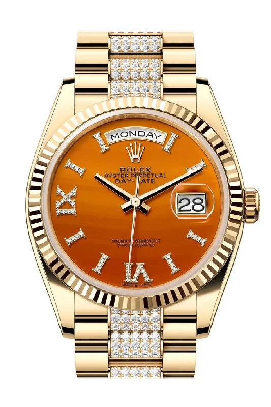 Rolex Day-Date 36 Carnelian Dial Gold Fluted Bezel Diamond Bracelet Yellow Gold Watch 128238