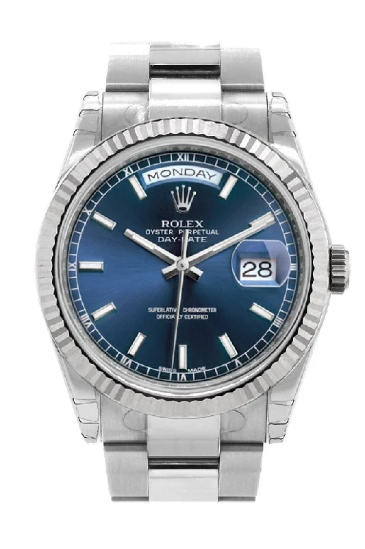 Rolex Day-Date 36 Blue Dial Fluted Bezel Oyster White Gold Watch 118239