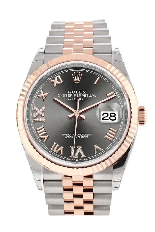 Rolex Datejust 36 Dark Rhodium Set with Diamonds Dial Fluted Rose Gold Two Tone Jubilee Watch 126231 NP