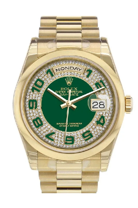 Rolex Day-Date 36 Green Diamonds paved Dial President Yellow Gold Watch 118208