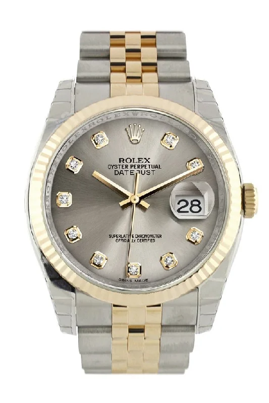 Rolex Datejust 36 Steel Diamond Dial Fluted 18K Gold Two Tone Jubilee Watch 116233