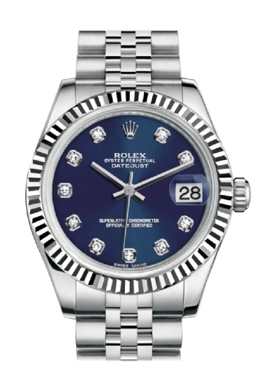 Rolex Datejust 31 Blue Set Diamonds Dial White Gold Fluted Bezel Jubilee Ladies Watch 178274