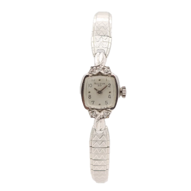 Vintage 1965 Bulova Diamonds 23JLadies Mechanical Wristwatch 5AT 10k White RGP