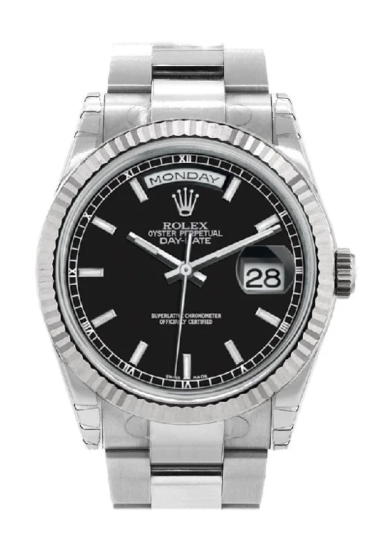 Rolex Day-Date 36 Black Dial Fluted Bezel Oyster White Gold Watch 118239