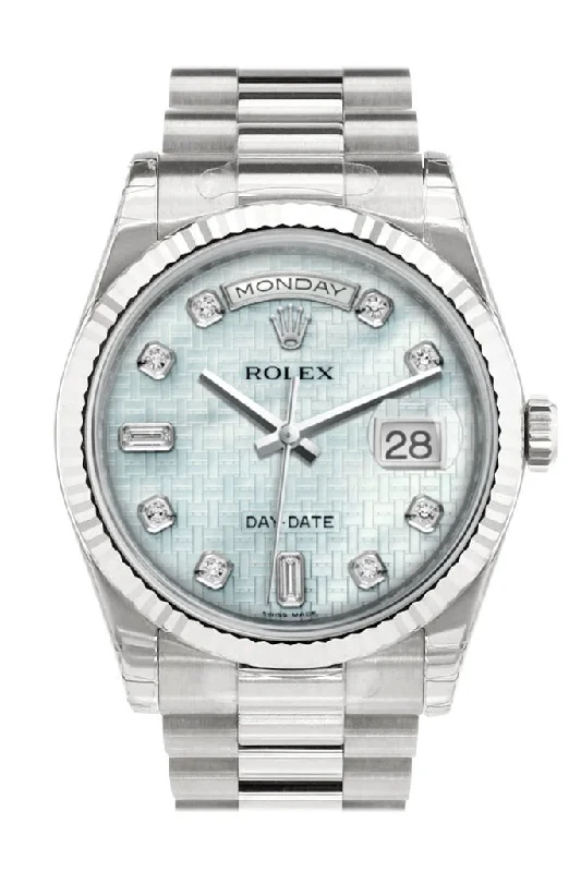 Rolex Day-Date 36 Platinum mother-of-pearl with oxford motif set with Diamonds Dial Fluted Bezel President White Gold Watch 118239