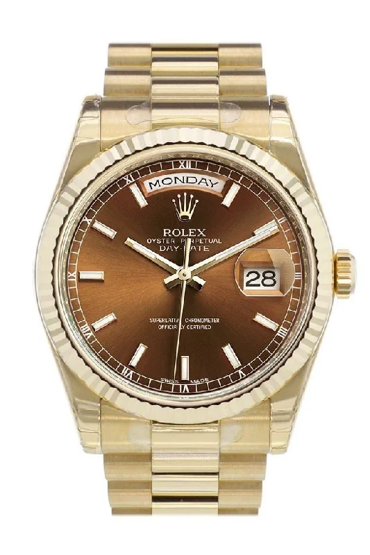 Rolex Day-Date 36 Cognac Dial Fluted Bezel President Yellow Gold Watch 118238