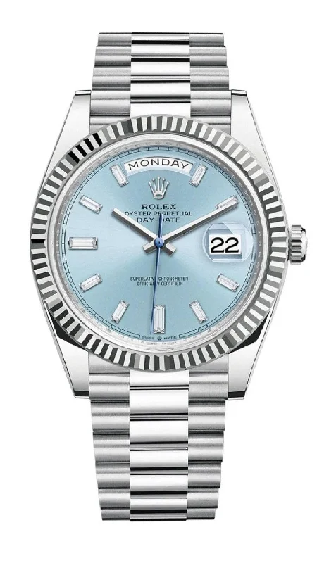 Rolex Day-Date 40 Platinum Day-Date 40 Watch - Fluted Bezel - Ice Blue Baguette Dial 228236