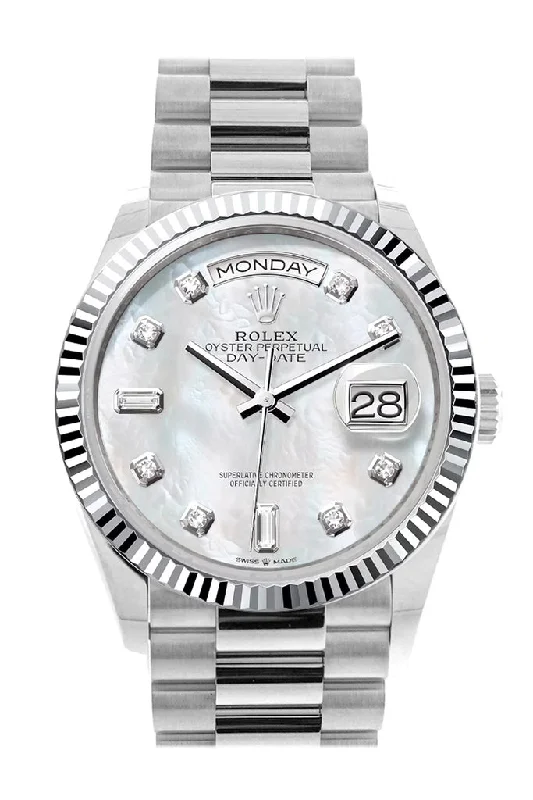 Rolex Day-Date 36 Mother of Pearl Diamond Dial Fluted Bezel Platinum President Watch 128236