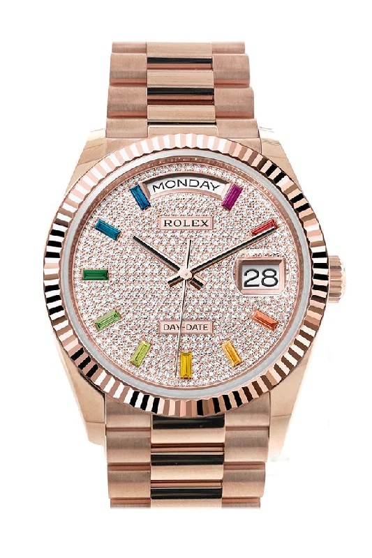 Rolex Day-Date 36 Diamond Paved Dial Fluted Bezel 18K Everose gold President Watch 128235