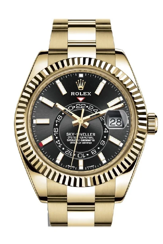 Rolex Sky Dweller Black Dial Gmt 18kt Yellow Gold Men's Watch 326938