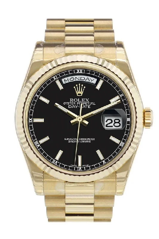 Rolex Day-Date 36 Black Dial Fluted Bezel President Yellow Gold Watch 118238