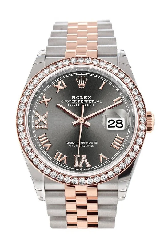 Rolex Datejust 36 Dark Rhodium Set with Diamonds Dial Diamond Bezel Rose Gold Two Tone Jubilee Watch 126281RBR 126281 NP