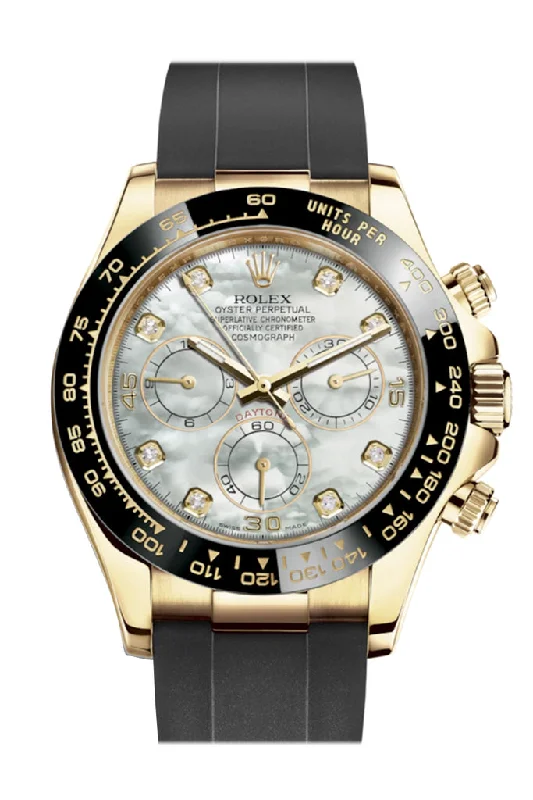 Rolex Cosmograph Daytona White Mother of Pearl  Diamond Yellow Gold Oysterflex Strap Mens Watch 116518LN 116518